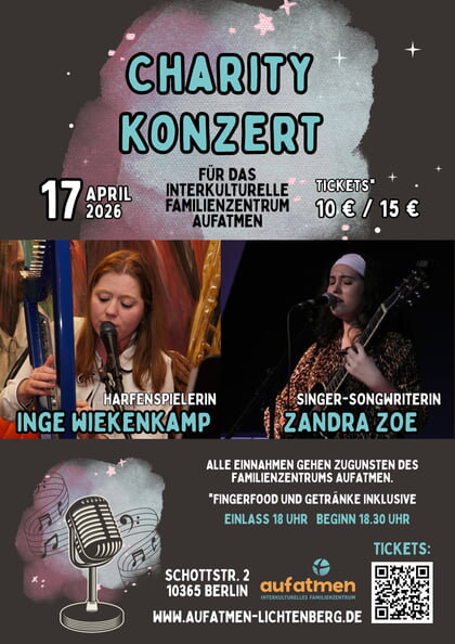 Werbung für ein Charity Konzert für das Familienzentrum aufatmen am 17.04.26 von 18 bis 21 Uhr