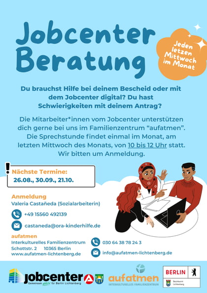 Jobcenter Beratung im aufatmen am 26.08.26, 30.09.26 und 21.10.26 von 10-12 Uhr.