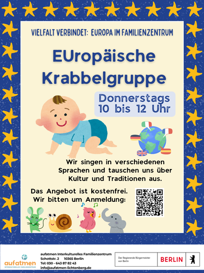 Im Projekt: Vielfalt verbindet: EUropa im Familienzentrum. Die Europäische Krabbelgruppe findet Donnerstags von 10:00- 12:00 Uhr im aufatmen statt. Eine Anmeldung ist erforderlich. Bitte klicke auf das Bild, dann wirst du zur Anmeldung weitergeleitet.