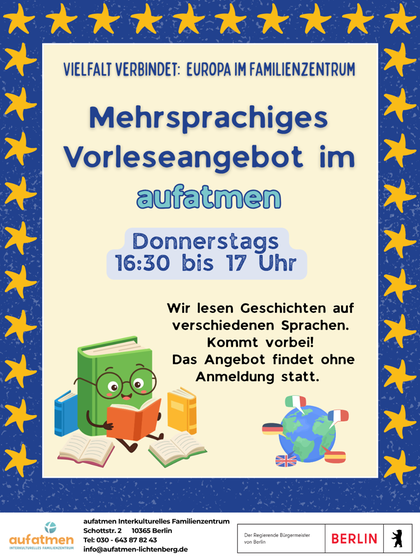 Im Projekt: Vielfalt verbindet: EUropa im Familienzentrum findet wöchentlich am Donnerstag ein mehrsprachiges Vorleseangebot von 16:30 -17:30 Uhr statt. Eine Anmeldung ist nicht erforderlich.