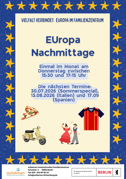 EUropanachmittage im aufatmen am 30.07.26, 13.08.26 und 17.09.26 von 16:30-17:15. Es gibt Snacks, Bastelangebot und ein Vorleseangebot